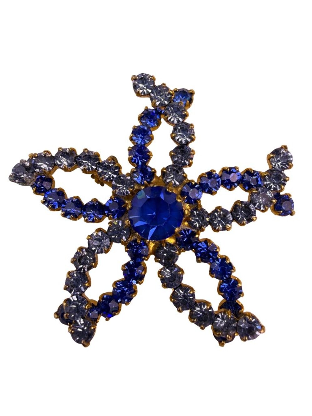 Vintage Gold-Tone Womens Blue Stone Rhinestone Starfish Flower Brooch Pin